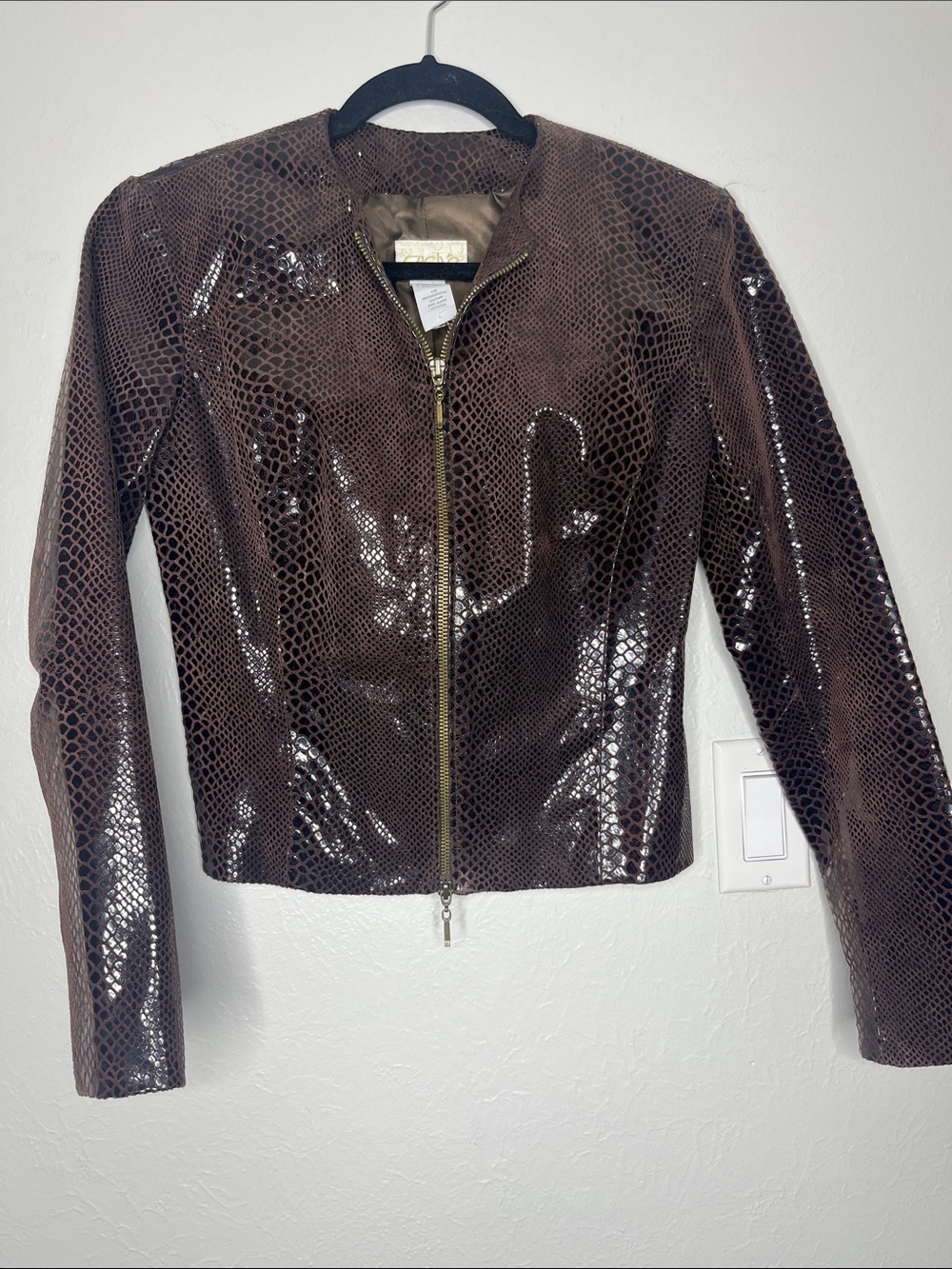 Vintage 90s Cache Embossed Leather Jacket - Size 4 Chocolate Brown Snakeskin